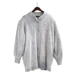 Vintage Lee Sands Womens One Size Cardigan Floral Embroidery Gray Grandmacore